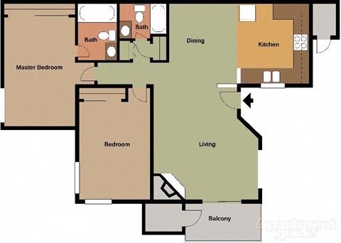 Floor plan for 2 beds, 2 baths, 1104 sqft
